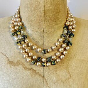 Japan Necklace, Earrings, Demi Parure, Triple Strands, Faux Pearls, Unique Beads